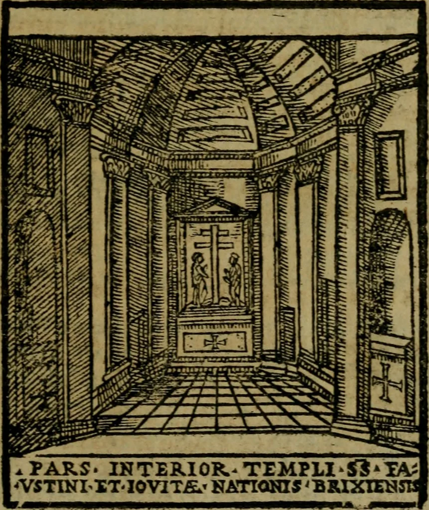 An illustration from Descrittione di Roma antica e moderna : nella quale si contengono chiese, monasterij, hospedali, compagnie, collegij e seminarij, tempij, teatri, anfiteatri, naumachie, cerchi, fori, curie, palazzi, e statue, librerie, musei, pitture, sculture, & i nomi de gli artefici : indice de'sommi pontefici, imperatori e duchi : con due copiosissime tauole, 1643, leaf 228