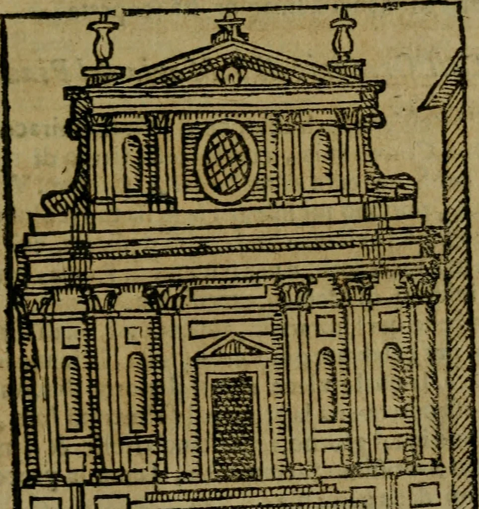 An illustration from Descrittione di Roma antica e moderna : nella quale si contengono chiese, monasterij, hospedali, compagnie, collegij e seminarij, tempij, teatri, anfiteatri, naumachie, cerchi, fori, curie, palazzi, e statue, librerie, musei, pitture, sculture, & i nomi de gli artefici : indice de'sommi pontefici, imperatori e duchi : con due copiosissime tauole, 1643, leaf 256
