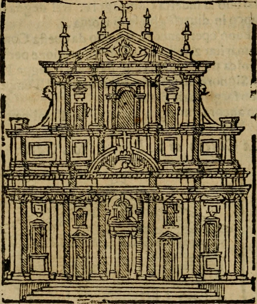 An illustration from Descrittione di Roma antica e moderna : nella quale si contengono chiese, monasterij, hospedali, compagnie, collegij e seminarij, tempij, teatri, anfiteatri, naumachie, cerchi, fori, curie, palazzi, e statue, librerie, musei, pitture, sculture, & i nomi de gli artefici : indice de'sommi pontefici, imperatori e duchi : con due copiosissime tauole, 1643, leaf 261