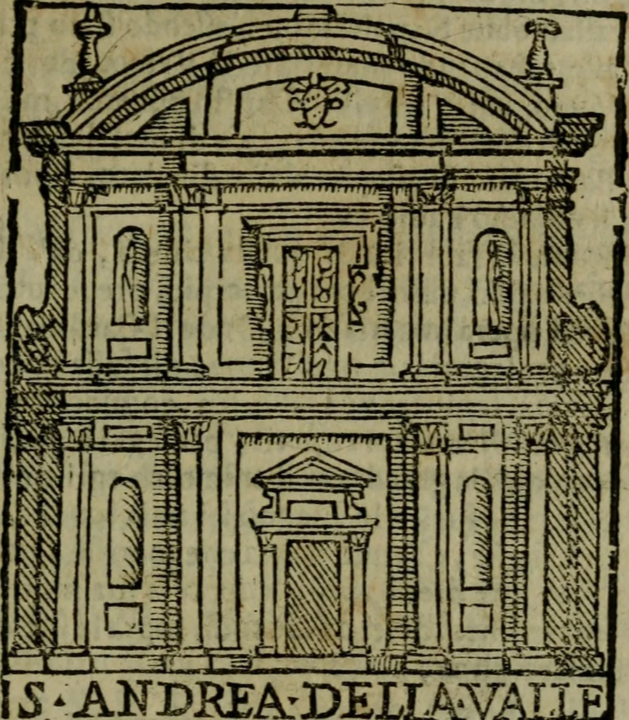 An illustration from Descrittione di Roma antica e moderna : nella quale si contengono chiese, monasterij, hospedali, compagnie, collegij e seminarij, tempij, teatri, anfiteatri, naumachie, cerchi, fori, curie, palazzi, e statue, librerie, musei, pitture, sculture, & i nomi de gli artefici : indice de'sommi pontefici, imperatori e duchi : con due copiosissime tauole, 1643, leaf 264