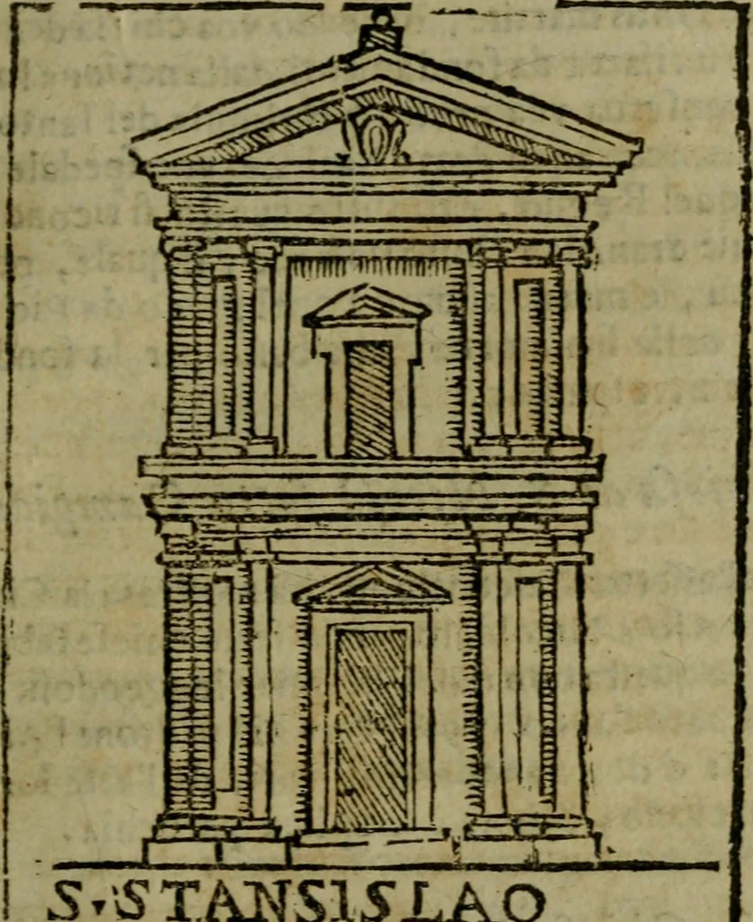 An illustration from Descrittione di Roma antica e moderna : nella quale si contengono chiese, monasterij, hospedali, compagnie, collegij e seminarij, tempij, teatri, anfiteatri, naumachie, cerchi, fori, curie, palazzi, e statue, librerie, musei, pitture, sculture, & i nomi de gli artefici : indice de'sommi pontefici, imperatori e duchi : con due copiosissime tauole, 1643, leaf 276
