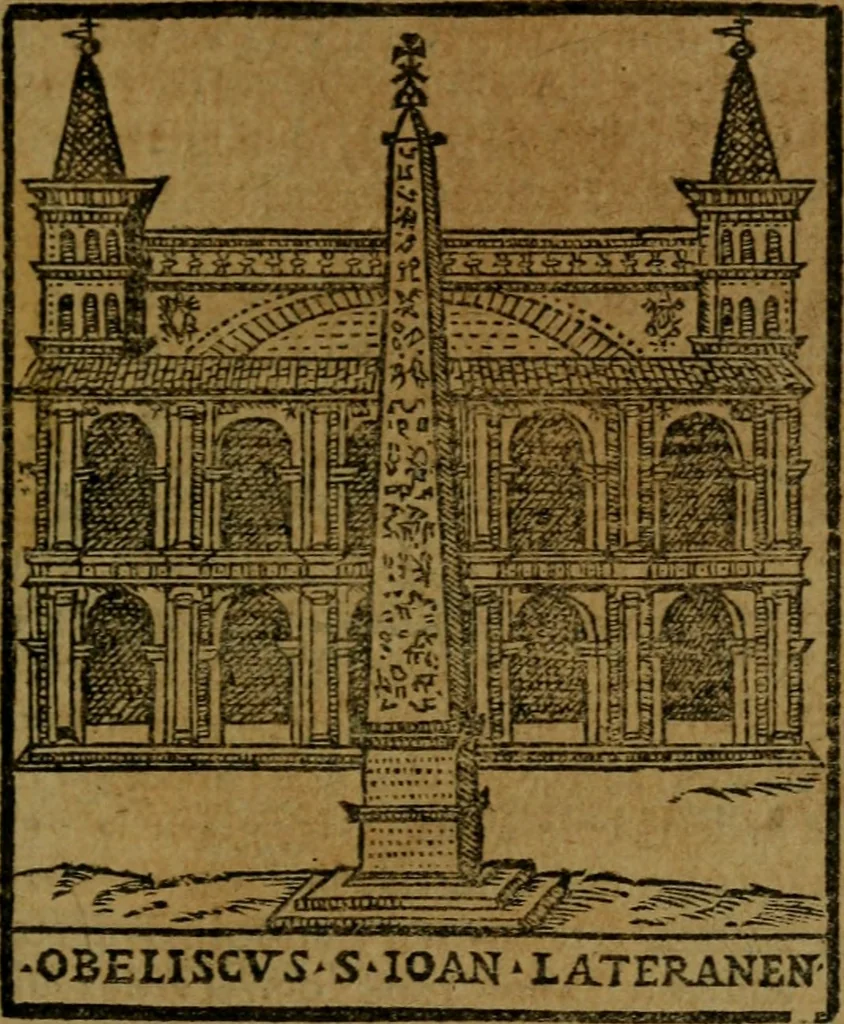 An illustration from Descrittione di Roma antica e moderna : nella quale si contengono chiese, monasterij, hospedali, compagnie, collegij e seminarij, tempij, teatri, anfiteatri, naumachie, cerchi, fori, curie, palazzi, e statue, librerie, musei, pitture, sculture, & i nomi de gli artefici : indice de'sommi pontefici, imperatori e duchi : con due copiosissime tauole, 1643, leaf 28
