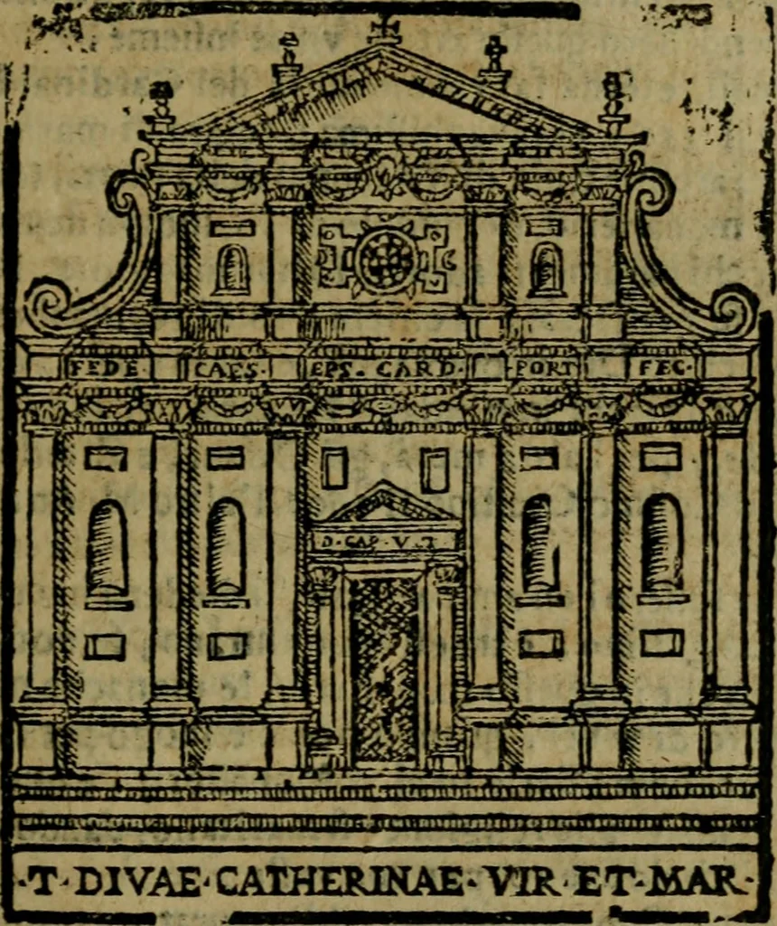 An illustration from Descrittione di Roma antica e moderna : nella quale si contengono chiese, monasterij, hospedali, compagnie, collegij e seminarij, tempij, teatri, anfiteatri, naumachie, cerchi, fori, curie, palazzi, e statue, librerie, musei, pitture, sculture, & i nomi de gli artefici : indice de'sommi pontefici, imperatori e duchi : con due copiosissime tauole, 1643, leaf 282