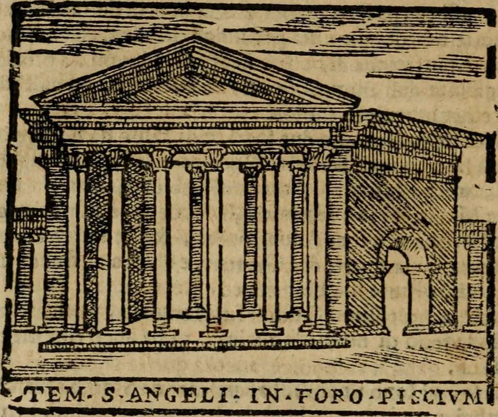An illustration from Descrittione di Roma antica e moderna : nella quale si contengono chiese, monasterij, hospedali, compagnie, collegij e seminarij, tempij, teatri, anfiteatri, naumachie, cerchi, fori, curie, palazzi, e statue, librerie, musei, pitture, sculture, & i nomi de gli artefici : indice de'sommi pontefici, imperatori e duchi : con due copiosissime tauole, 1643, leaf 285