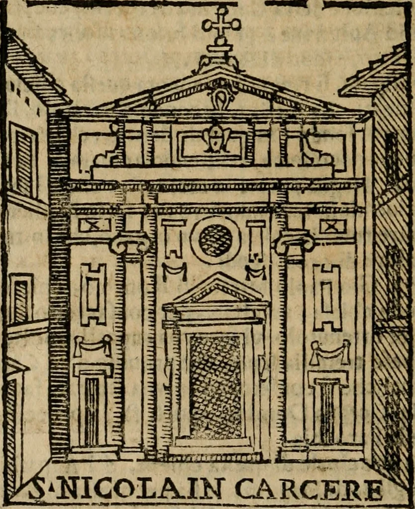 An illustration from Descrittione di Roma antica e moderna : nella quale si contengono chiese, monasterij, hospedali, compagnie, collegij e seminarij, tempij, teatri, anfiteatri, naumachie, cerchi, fori, curie, palazzi, e statue, librerie, musei, pitture, sculture, & i nomi de gli artefici : indice de'sommi pontefici, imperatori e duchi : con due copiosissime tauole, 1643, leaf 287