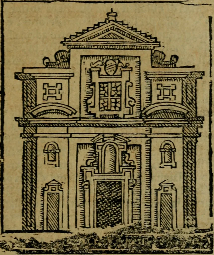 An illustration from Descrittione di Roma antica e moderna : nella quale si contengono chiese, monasterij, hospedali, compagnie, collegij e seminarij, tempij, teatri, anfiteatri, naumachie, cerchi, fori, curie, palazzi, e statue, librerie, musei, pitture, sculture, & i nomi de gli artefici : indice de'sommi pontefici, imperatori e duchi : con due copiosissime tauole, 1643, leaf 292