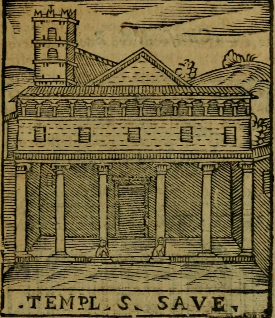 An illustration from Descrittione di Roma antica e moderna : nella quale si contengono chiese, monasterij, hospedali, compagnie, collegij e seminarij, tempij, teatri, anfiteatri, naumachie, cerchi, fori, curie, palazzi, e statue, librerie, musei, pitture, sculture, & i nomi de gli artefici : indice de'sommi pontefici, imperatori e duchi : con due copiosissime tauole, 1643, leaf 304