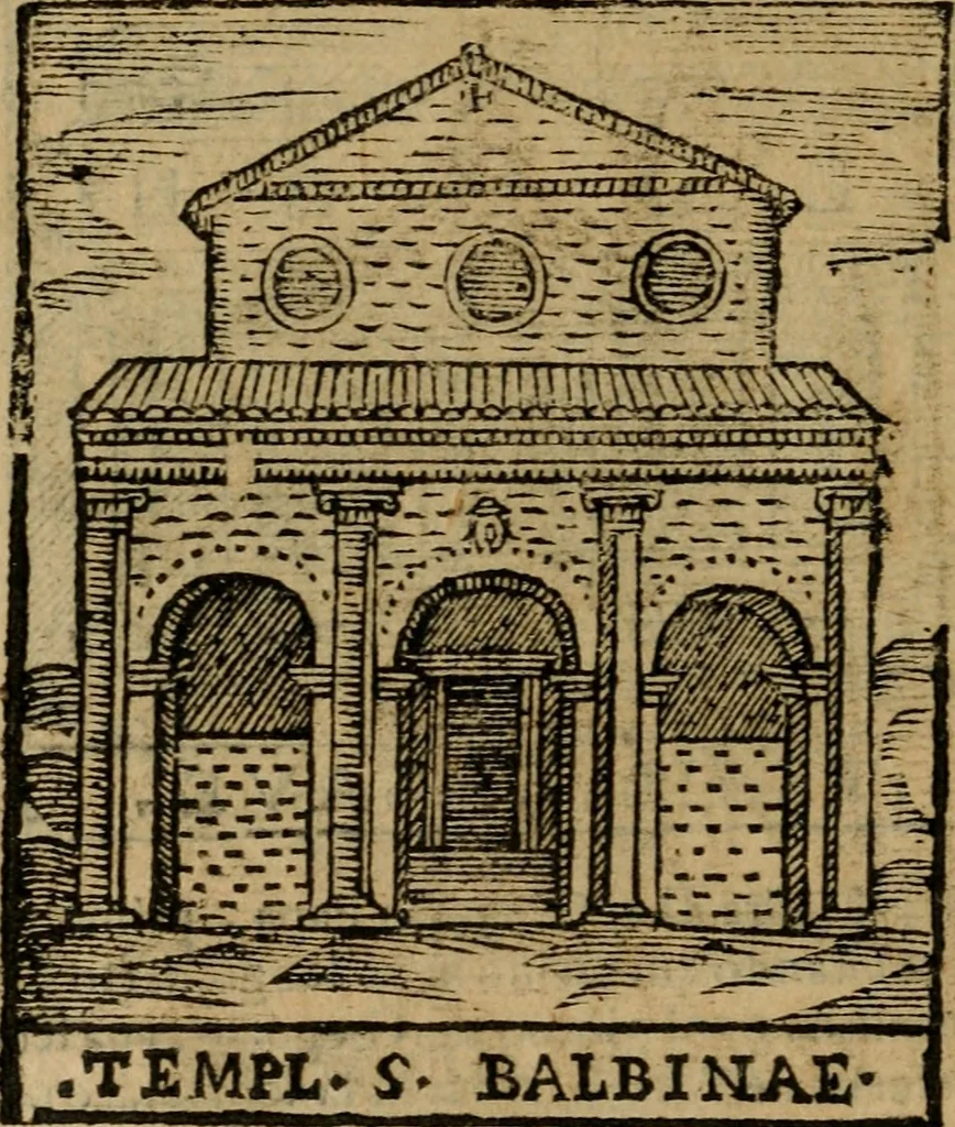 An illustration from Descrittione di Roma antica e moderna : nella quale si contengono chiese, monasterij, hospedali, compagnie, collegij e seminarij, tempij, teatri, anfiteatri, naumachie, cerchi, fori, curie, palazzi, e statue, librerie, musei, pitture, sculture, & i nomi de gli artefici : indice de'sommi pontefici, imperatori e duchi : con due copiosissime tauole, 1643, leaf 305