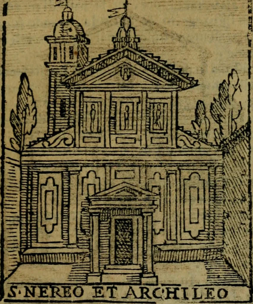 An illustration from Descrittione di Roma antica e moderna : nella quale si contengono chiese, monasterij, hospedali, compagnie, collegij e seminarij, tempij, teatri, anfiteatri, naumachie, cerchi, fori, curie, palazzi, e statue, librerie, musei, pitture, sculture, & i nomi de gli artefici : indice de'sommi pontefici, imperatori e duchi : con due copiosissime tauole, 1643, leaf 306