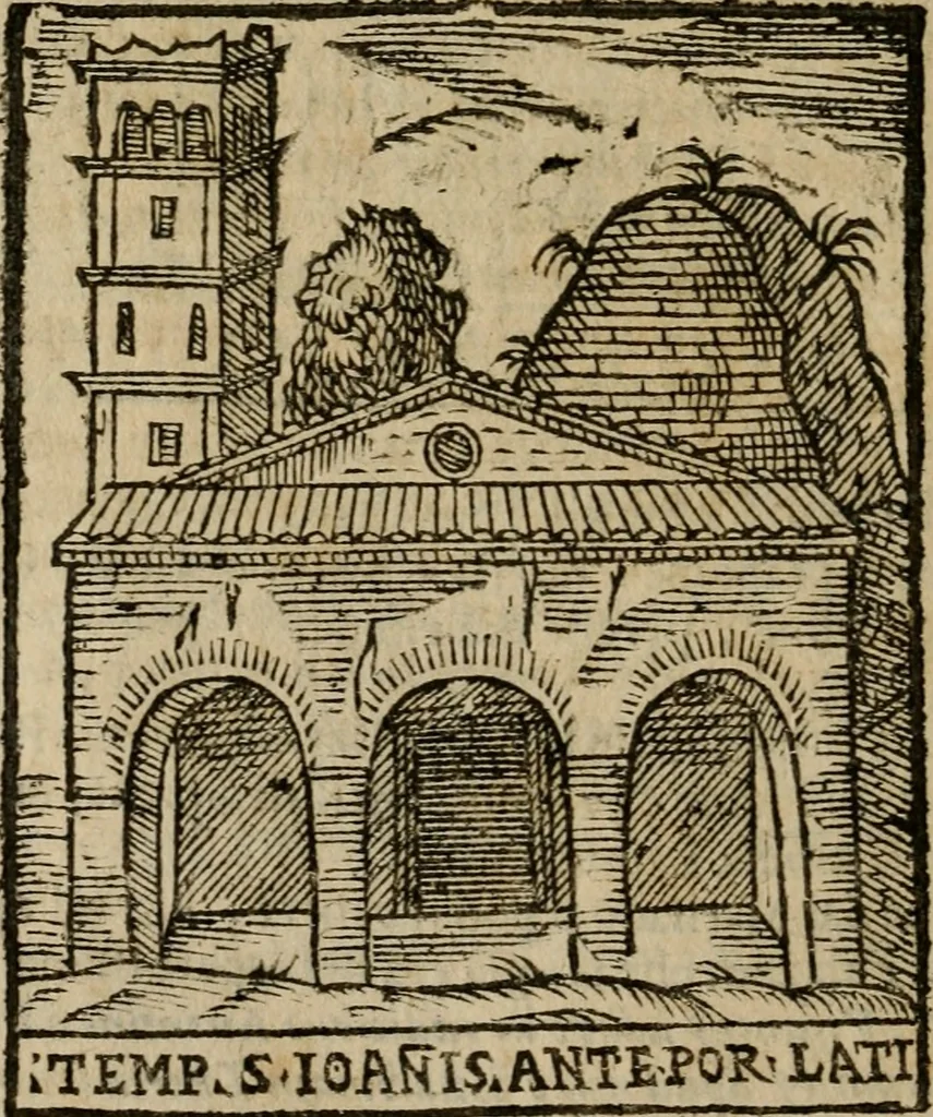 An illustration from Descrittione di Roma antica e moderna : nella quale si contengono chiese, monasterij, hospedali, compagnie, collegij e seminarij, tempij, teatri, anfiteatri, naumachie, cerchi, fori, curie, palazzi, e statue, librerie, musei, pitture, sculture, & i nomi de gli artefici : indice de'sommi pontefici, imperatori e duchi : con due copiosissime tauole, 1643, leaf 311