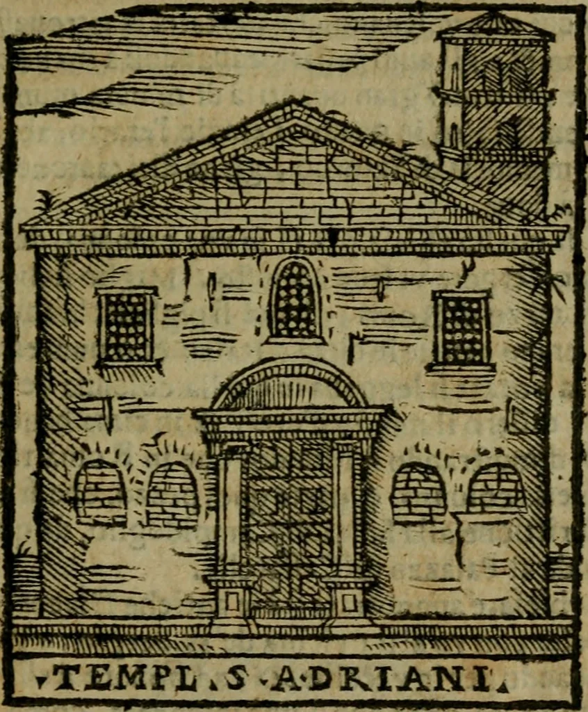 An illustration from Descrittione di Roma antica e moderna : nella quale si contengono chiese, monasterij, hospedali, compagnie, collegij e seminarij, tempij, teatri, anfiteatri, naumachie, cerchi, fori, curie, palazzi, e statue, librerie, musei, pitture, sculture, & i nomi de gli artefici : indice de'sommi pontefici, imperatori e duchi : con due copiosissime tauole, 1643, leaf 320