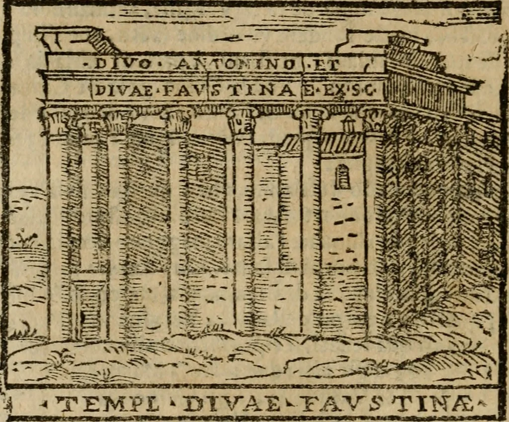 An illustration from Descrittione di Roma antica e moderna : nella quale si contengono chiese, monasterij, hospedali, compagnie, collegij e seminarij, tempij, teatri, anfiteatri, naumachie, cerchi, fori, curie, palazzi, e statue, librerie, musei, pitture, sculture, & i nomi de gli artefici : indice de'sommi pontefici, imperatori e duchi : con due copiosissime tauole, 1643, leaf 323