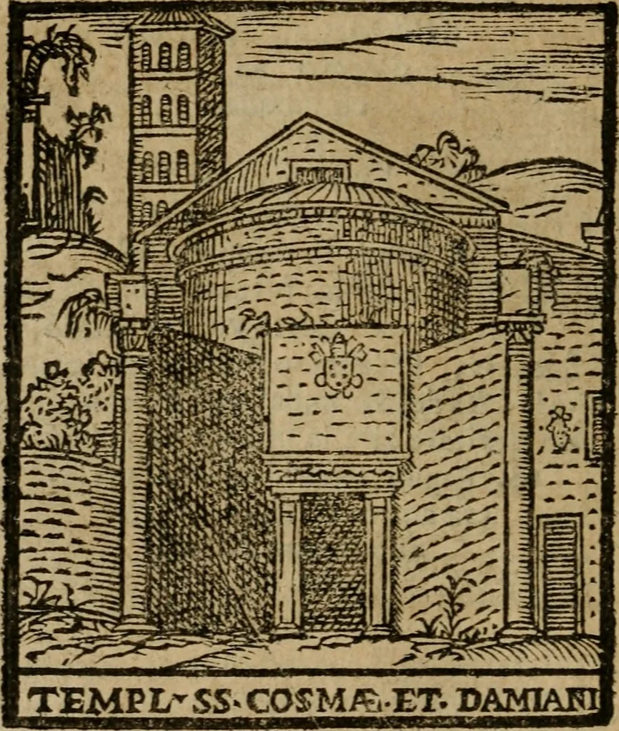 An illustration from Descrittione di Roma antica e moderna : nella quale si contengono chiese, monasterij, hospedali, compagnie, collegij e seminarij, tempij, teatri, anfiteatri, naumachie, cerchi, fori, curie, palazzi, e statue, librerie, musei, pitture, sculture, & i nomi de gli artefici : indice de'sommi pontefici, imperatori e duchi : con due copiosissime tauole, 1643, leaf 325