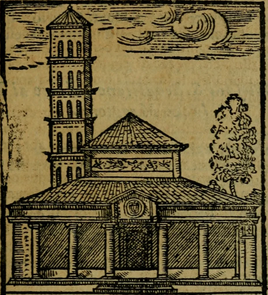 An illustration from Descrittione di Roma antica e moderna : nella quale si contengono chiese, monasterij, hospedali, compagnie, collegij e seminarij, tempij, teatri, anfiteatri, naumachie, cerchi, fori, curie, palazzi, e statue, librerie, musei, pitture, sculture, & i nomi de gli artefici : indice de'sommi pontefici, imperatori e duchi : con due copiosissime tauole, 1643, leaf 328