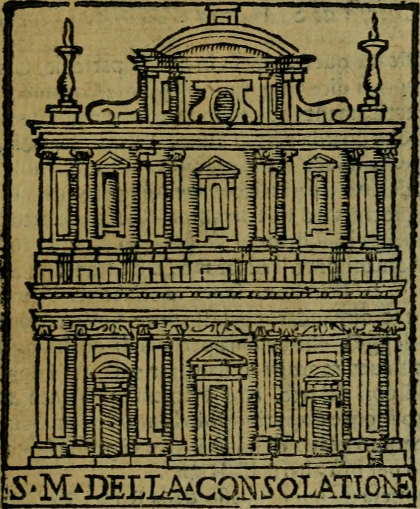 An illustration from Descrittione di Roma antica e moderna : nella quale si contengono chiese, monasterij, hospedali, compagnie, collegij e seminarij, tempij, teatri, anfiteatri, naumachie, cerchi, fori, curie, palazzi, e statue, librerie, musei, pitture, sculture, & i nomi de gli artefici : indice de'sommi pontefici, imperatori e duchi : con due copiosissime tauole, 1643, leaf 332