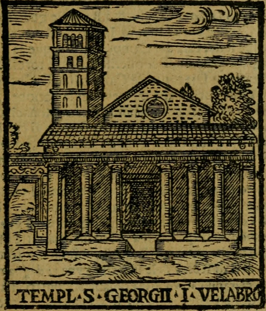 An illustration from Descrittione di Roma antica e moderna : nella quale si contengono chiese, monasterij, hospedali, compagnie, collegij e seminarij, tempij, teatri, anfiteatri, naumachie, cerchi, fori, curie, palazzi, e statue, librerie, musei, pitture, sculture, & i nomi de gli artefici : indice de'sommi pontefici, imperatori e duchi : con due copiosissime tauole, 1643, leaf 334