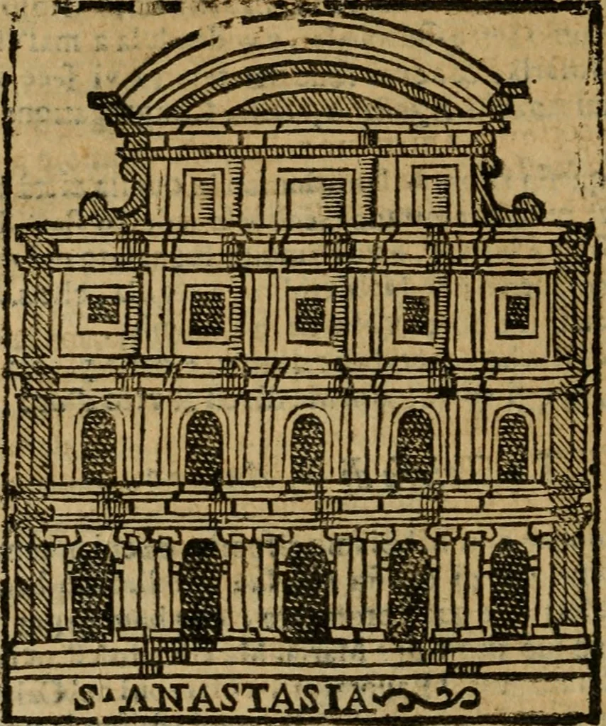 An illustration from Descrittione di Roma antica e moderna : nella quale si contengono chiese, monasterij, hospedali, compagnie, collegij e seminarij, tempij, teatri, anfiteatri, naumachie, cerchi, fori, curie, palazzi, e statue, librerie, musei, pitture, sculture, & i nomi de gli artefici : indice de'sommi pontefici, imperatori e duchi : con due copiosissime tauole, 1643, leaf 337