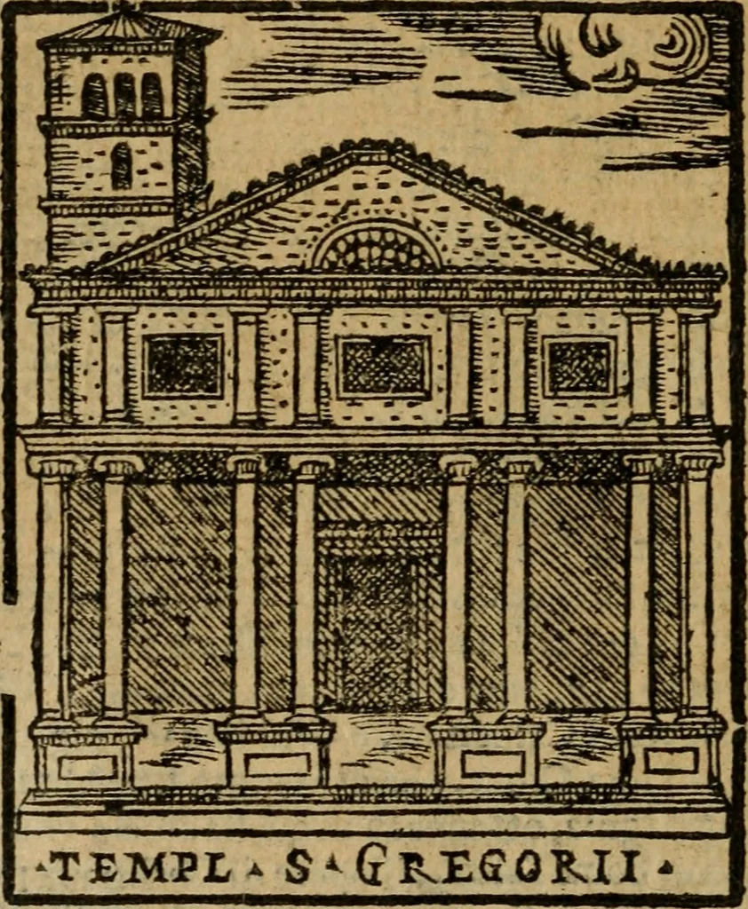 An illustration from Descrittione di Roma antica e moderna : nella quale si contengono chiese, monasterij, hospedali, compagnie, collegij e seminarij, tempij, teatri, anfiteatri, naumachie, cerchi, fori, curie, palazzi, e statue, librerie, musei, pitture, sculture, & i nomi de gli artefici : indice de'sommi pontefici, imperatori e duchi : con due copiosissime tauole, 1643, leaf 339
