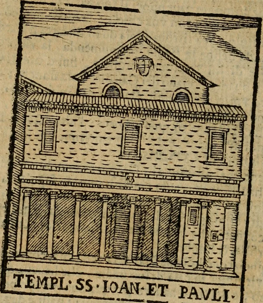 An illustration from Descrittione di Roma antica e moderna : nella quale si contengono chiese, monasterij, hospedali, compagnie, collegij e seminarij, tempij, teatri, anfiteatri, naumachie, cerchi, fori, curie, palazzi, e statue, librerie, musei, pitture, sculture, & i nomi de gli artefici : indice de'sommi pontefici, imperatori e duchi : con due copiosissime tauole, 1643, leaf 345