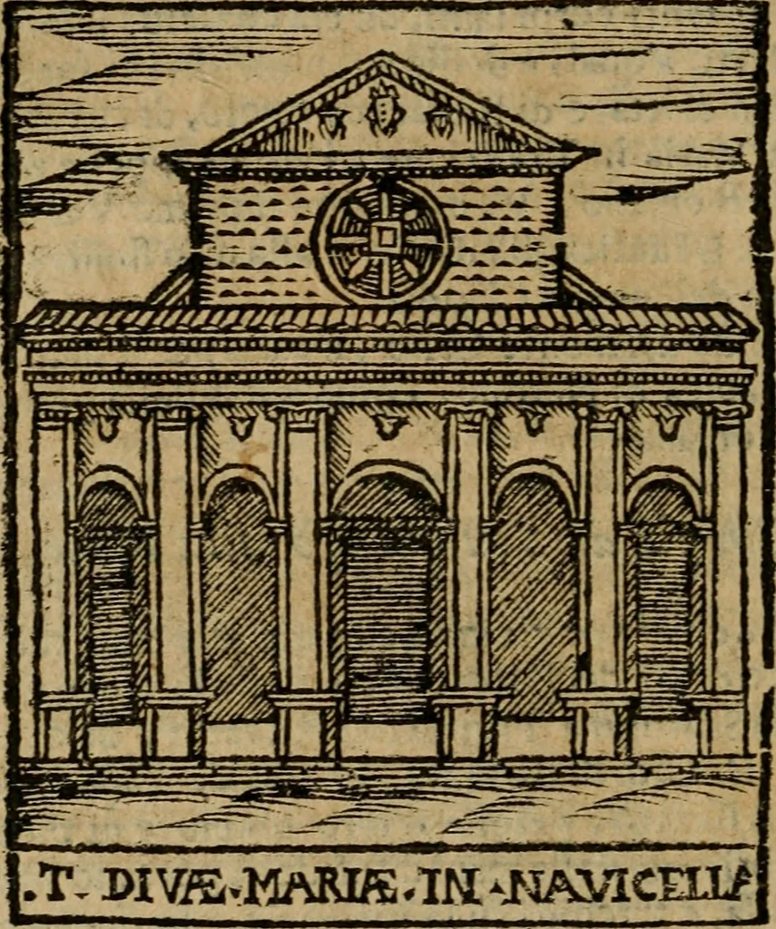 An illustration from Descrittione di Roma antica e moderna : nella quale si contengono chiese, monasterij, hospedali, compagnie, collegij e seminarij, tempij, teatri, anfiteatri, naumachie, cerchi, fori, curie, palazzi, e statue, librerie, musei, pitture, sculture, & i nomi de gli artefici : indice de'sommi pontefici, imperatori e duchi : con due copiosissime tauole, 1643, leaf 349