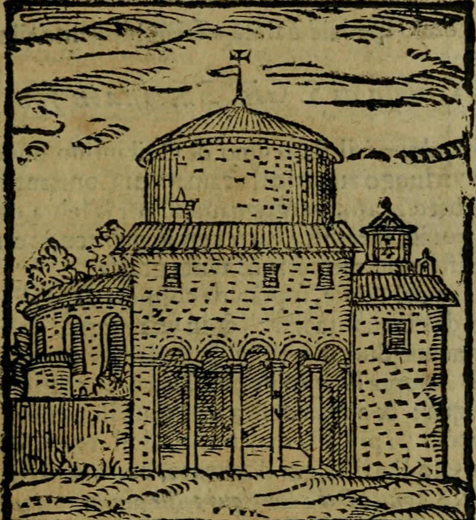 An illustration from Descrittione di Roma antica e moderna : nella quale si contengono chiese, monasterij, hospedali, compagnie, collegij e seminarij, tempij, teatri, anfiteatri, naumachie, cerchi, fori, curie, palazzi, e statue, librerie, musei, pitture, sculture, & i nomi de gli artefici : indice de'sommi pontefici, imperatori e duchi : con due copiosissime tauole, 1643, leaf 350