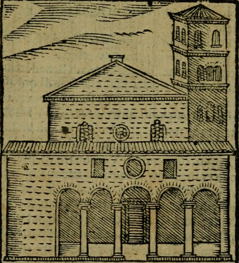 An illustration from Descrittione di Roma antica e moderna : nella quale si contengono chiese, monasterij, hospedali, compagnie, collegij e seminarij, tempij, teatri, anfiteatri, naumachie, cerchi, fori, curie, palazzi, e statue, librerie, musei, pitture, sculture, & i nomi de gli artefici : indice de'sommi pontefici, imperatori e duchi : con due copiosissime tauole, 1643, leaf 356