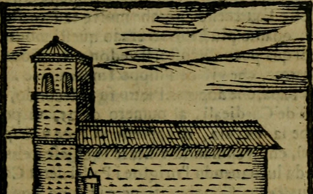 An illustration from Descrittione di Roma antica e moderna : nella quale si contengono chiese, monasterij, hospedali, compagnie, collegij e seminarij, tempij, teatri, anfiteatri, naumachie, cerchi, fori, curie, palazzi, e statue, librerie, musei, pitture, sculture, & i nomi de gli artefici : indice de'sommi pontefici, imperatori e duchi : con due copiosissime tauole, 1643, leaf 358