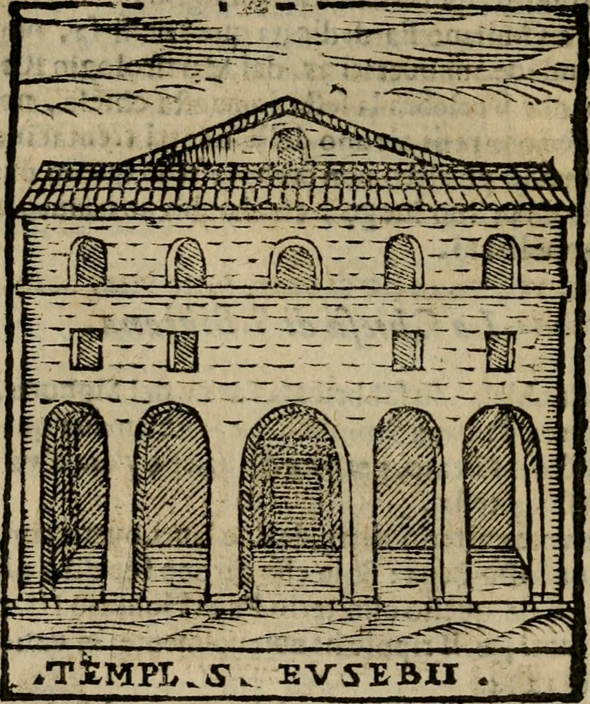 An illustration from Descrittione di Roma antica e moderna : nella quale si contengono chiese, monasterij, hospedali, compagnie, collegij e seminarij, tempij, teatri, anfiteatri, naumachie, cerchi, fori, curie, palazzi, e statue, librerie, musei, pitture, sculture, & i nomi de gli artefici : indice de'sommi pontefici, imperatori e duchi : con due copiosissime tauole, 1643, leaf 361