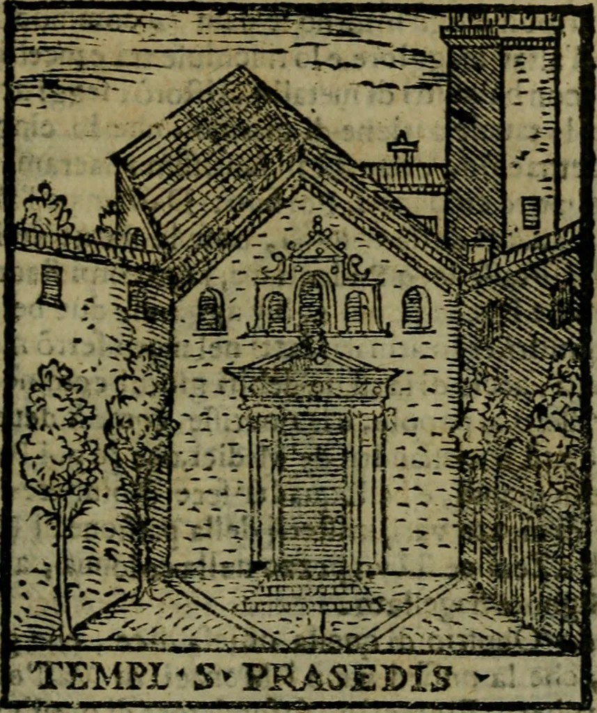 An illustration from Descrittione di Roma antica e moderna : nella quale si contengono chiese, monasterij, hospedali, compagnie, collegij e seminarij, tempij, teatri, anfiteatri, naumachie, cerchi, fori, curie, palazzi, e statue, librerie, musei, pitture, sculture, & i nomi de gli artefici : indice de'sommi pontefici, imperatori e duchi : con due copiosissime tauole, 1643, leaf 366