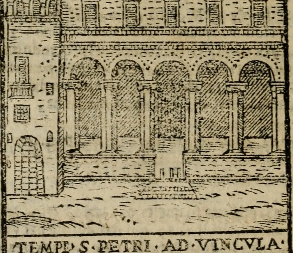 An illustration from Descrittione di Roma antica e moderna : nella quale si contengono chiese, monasterij, hospedali, compagnie, collegij e seminarij, tempij, teatri, anfiteatri, naumachie, cerchi, fori, curie, palazzi, e statue, librerie, musei, pitture, sculture, & i nomi de gli artefici : indice de'sommi pontefici, imperatori e duchi : con due copiosissime tauole, 1643, leaf 371