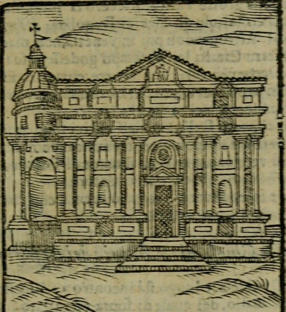 An illustration from Descrittione di Roma antica e moderna : nella quale si contengono chiese, monasterij, hospedali, compagnie, collegij e seminarij, tempij, teatri, anfiteatri, naumachie, cerchi, fori, curie, palazzi, e statue, librerie, musei, pitture, sculture, & i nomi de gli artefici : indice de'sommi pontefici, imperatori e duchi : con due copiosissime tauole, 1643, leaf 376