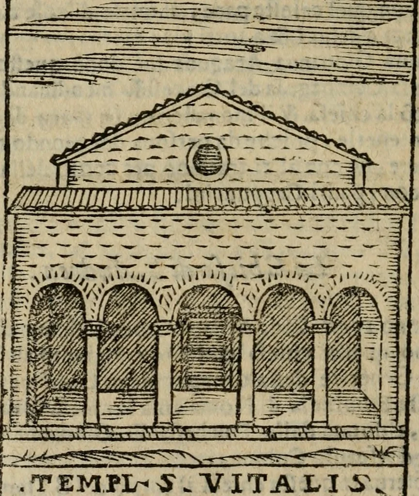 An illustration from Descrittione di Roma antica e moderna : nella quale si contengono chiese, monasterij, hospedali, compagnie, collegij e seminarij, tempij, teatri, anfiteatri, naumachie, cerchi, fori, curie, palazzi, e statue, librerie, musei, pitture, sculture, & i nomi de gli artefici : indice de'sommi pontefici, imperatori e duchi : con due copiosissime tauole, 1643, leaf 379