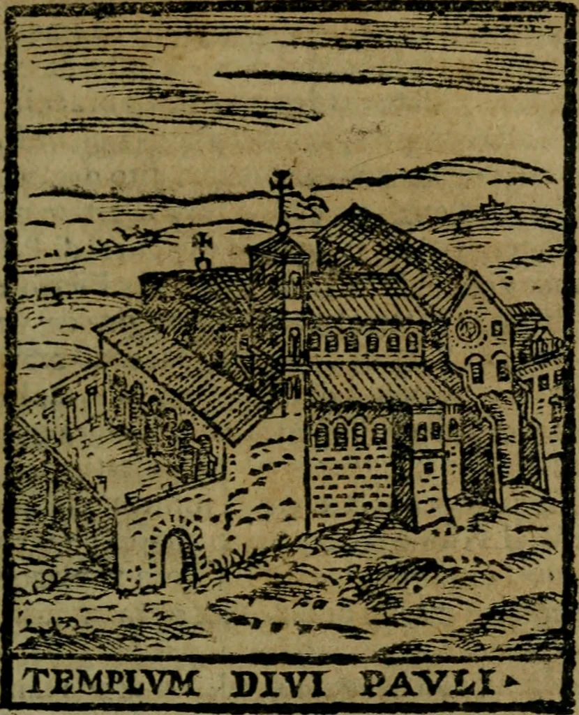 An illustration from Descrittione di Roma antica e moderna : nella quale si contengono chiese, monasterij, hospedali, compagnie, collegij e seminarij, tempij, teatri, anfiteatri, naumachie, cerchi, fori, curie, palazzi, e statue, librerie, musei, pitture, sculture, & i nomi de gli artefici : indice de'sommi pontefici, imperatori e duchi : con due copiosissime tauole, 1643, leaf 38