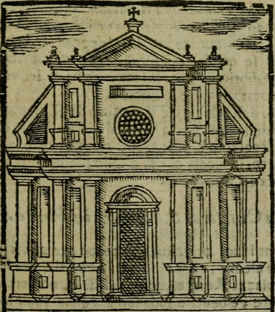 An illustration from Descrittione di Roma antica e moderna : nella quale si contengono chiese, monasterij, hospedali, compagnie, collegij e seminarij, tempij, teatri, anfiteatri, naumachie, cerchi, fori, curie, palazzi, e statue, librerie, musei, pitture, sculture, & i nomi de gli artefici : indice de'sommi pontefici, imperatori e duchi : con due copiosissime tauole, 1643, leaf 380