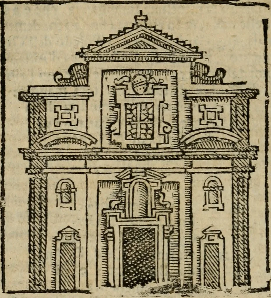 An illustration from Descrittione di Roma antica e moderna : nella quale si contengono chiese, monasterij, hospedali, compagnie, collegij e seminarij, tempij, teatri, anfiteatri, naumachie, cerchi, fori, curie, palazzi, e statue, librerie, musei, pitture, sculture, & i nomi de gli artefici : indice de'sommi pontefici, imperatori e duchi : con due copiosissime tauole, 1643, leaf 383