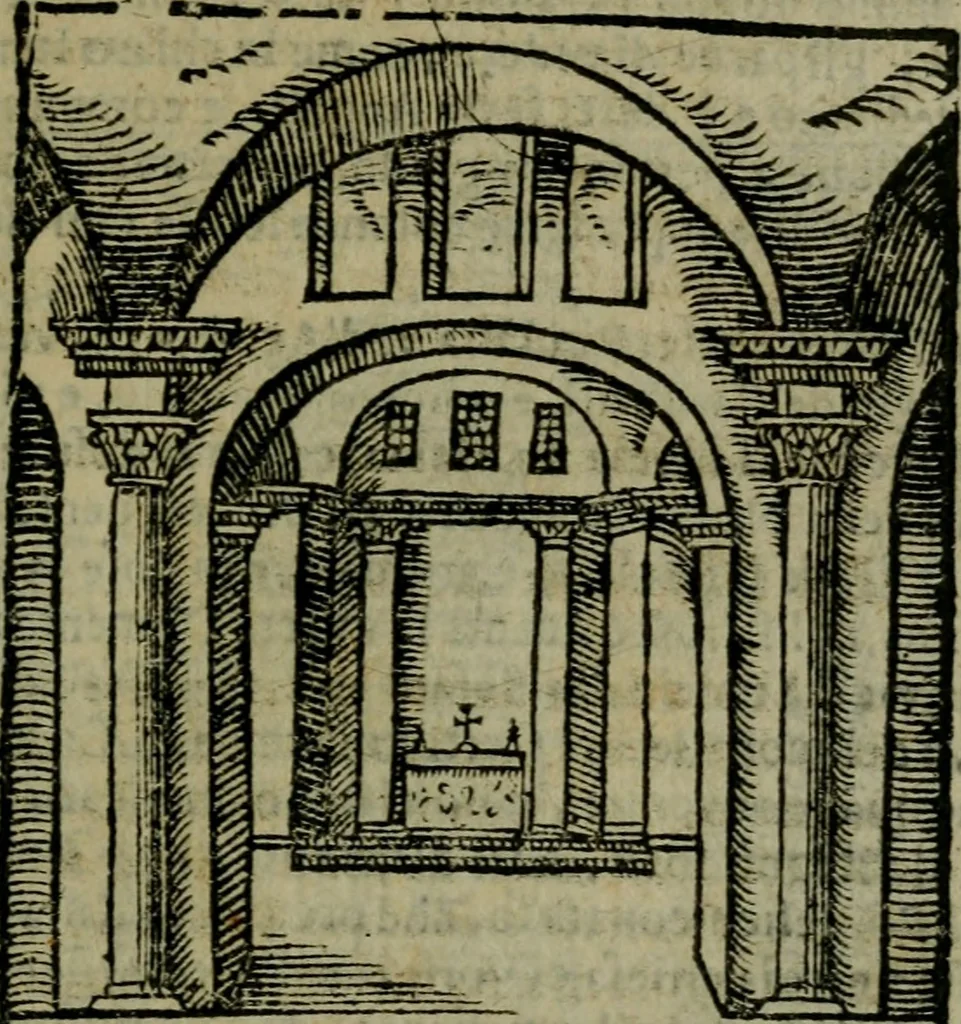 An illustration from Descrittione di Roma antica e moderna : nella quale si contengono chiese, monasterij, hospedali, compagnie, collegij e seminarij, tempij, teatri, anfiteatri, naumachie, cerchi, fori, curie, palazzi, e statue, librerie, musei, pitture, sculture, & i nomi de gli artefici : indice de'sommi pontefici, imperatori e duchi : con due copiosissime tauole, 1643, leaf 386