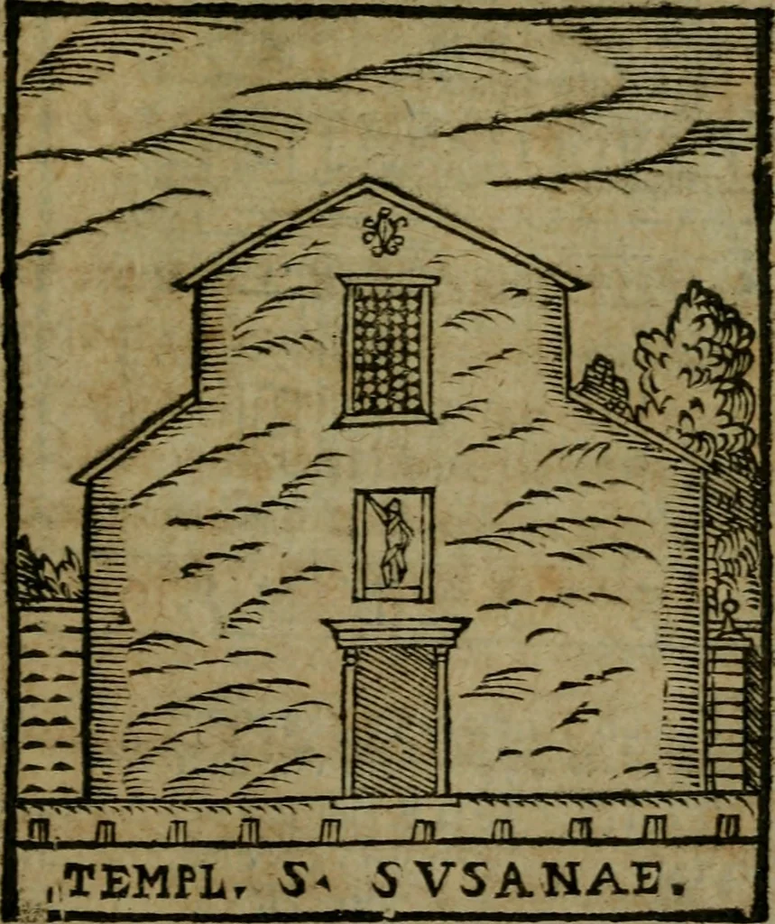 An illustration from Descrittione di Roma antica e moderna : nella quale si contengono chiese, monasterij, hospedali, compagnie, collegij e seminarij, tempij, teatri, anfiteatri, naumachie, cerchi, fori, curie, palazzi, e statue, librerie, musei, pitture, sculture, & i nomi de gli artefici : indice de'sommi pontefici, imperatori e duchi : con due copiosissime tauole, 1643, leaf 390