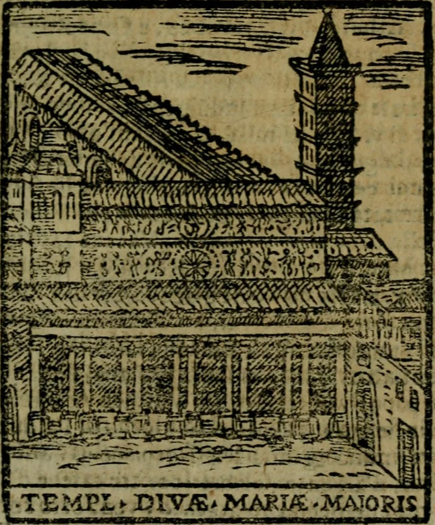 An illustration from Descrittione di Roma antica e moderna : nella quale si contengono chiese, monasterij, hospedali, compagnie, collegij e seminarij, tempij, teatri, anfiteatri, naumachie, cerchi, fori, curie, palazzi, e statue, librerie, musei, pitture, sculture, & i nomi de gli artefici : indice de'sommi pontefici, imperatori e duchi : con due copiosissime tauole, 1643, leaf 40