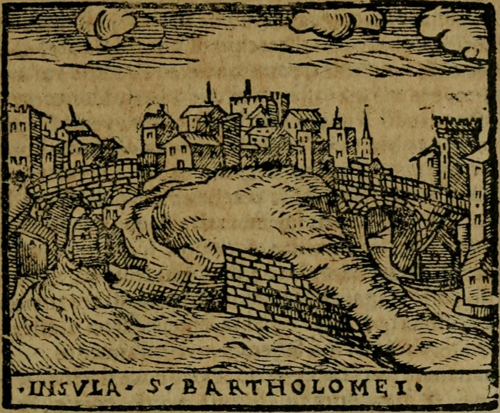 An illustration from Descrittione di Roma antica e moderna : nella quale si contengono chiese, monasterij, hospedali, compagnie, collegij e seminarij, tempij, teatri, anfiteatri, naumachie, cerchi, fori, curie, palazzi, e statue, librerie, musei, pitture, sculture, & i nomi de gli artefici : indice de'sommi pontefici, imperatori e duchi : con due copiosissime tauole, 1643, leaf 410
