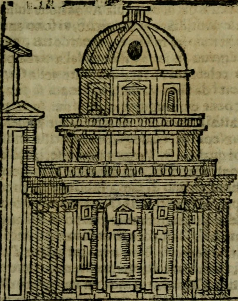 An illustration from Descrittione di Roma antica e moderna : nella quale si contengono chiese, monasterij, hospedali, compagnie, collegij e seminarij, tempij, teatri, anfiteatri, naumachie, cerchi, fori, curie, palazzi, e statue, librerie, musei, pitture, sculture, & i nomi de gli artefici : indice de'sommi pontefici, imperatori e duchi : con due copiosissime tauole, 1643, leaf 42