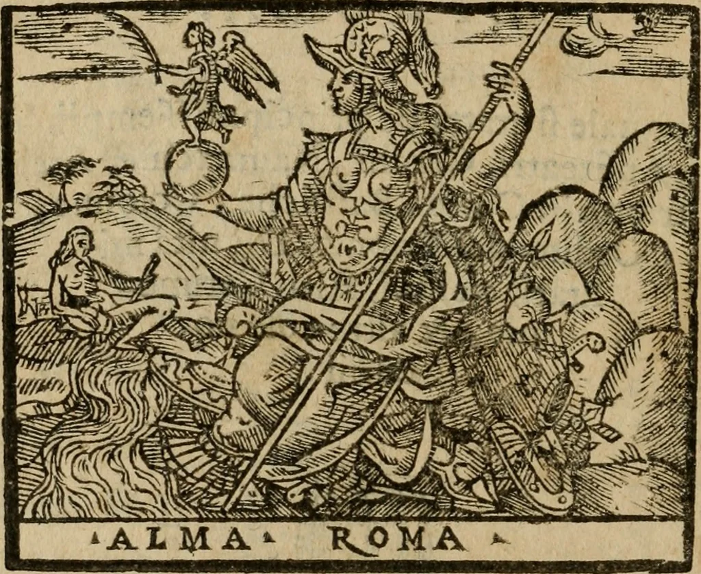 An illustration from Descrittione di Roma antica e moderna : nella quale si contengono chiese, monasterij, hospedali, compagnie, collegij e seminarij, tempij, teatri, anfiteatri, naumachie, cerchi, fori, curie, palazzi, e statue, librerie, musei, pitture, sculture, & i nomi de gli artefici : indice de'sommi pontefici, imperatori e duchi : con due copiosissime tauole, 1643, leaf 447