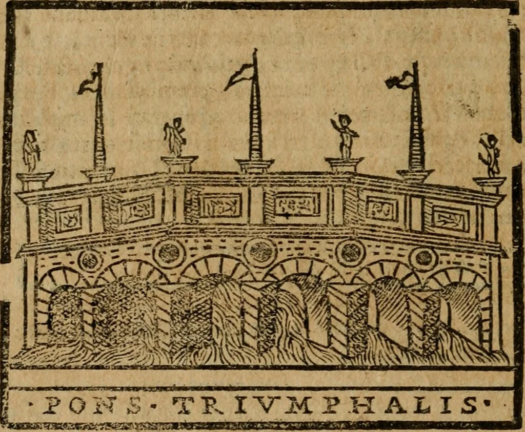 An illustration from Descrittione di Roma antica e moderna : nella quale si contengono chiese, monasterij, hospedali, compagnie, collegij e seminarij, tempij, teatri, anfiteatri, naumachie, cerchi, fori, curie, palazzi, e statue, librerie, musei, pitture, sculture, & i nomi de gli artefici : indice de'sommi pontefici, imperatori e duchi : con due copiosissime tauole, 1643, leaf 459