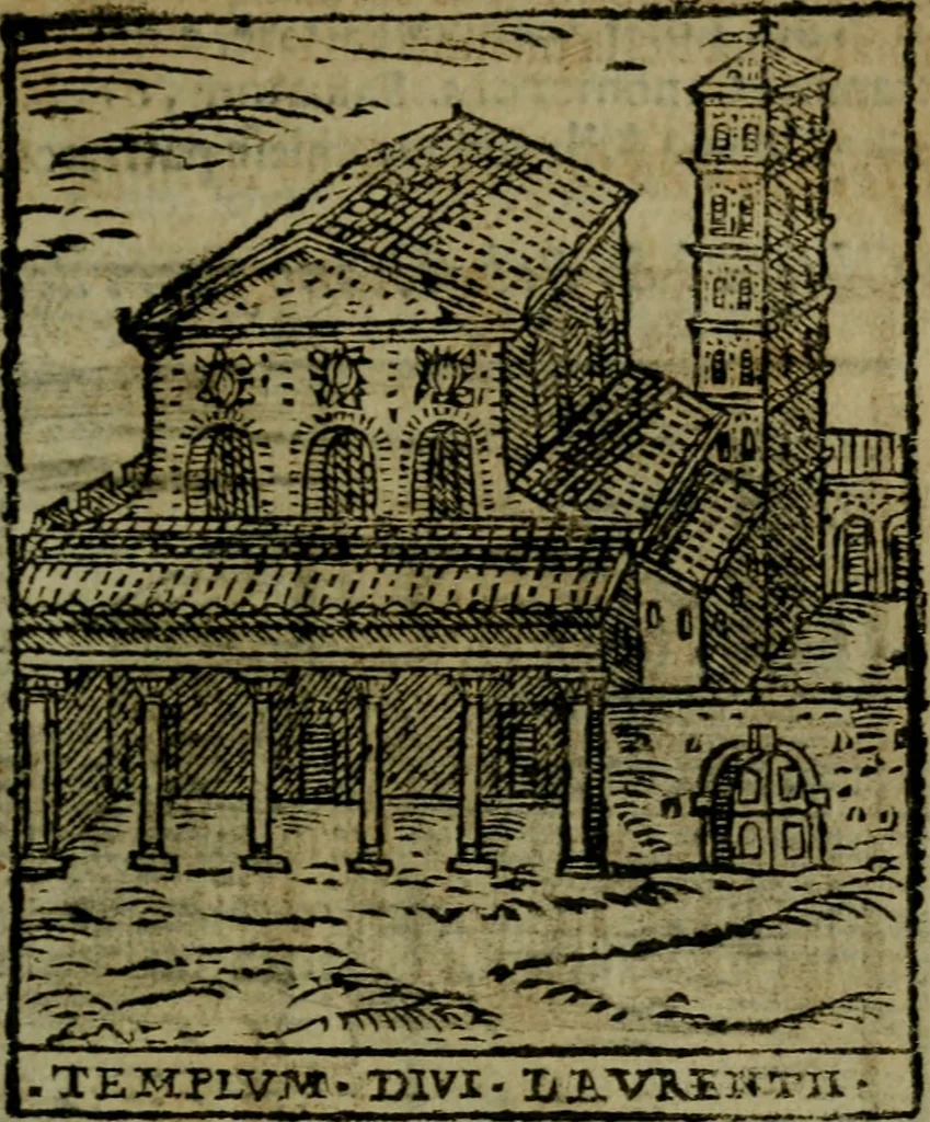 An illustration from Descrittione di Roma antica e moderna : nella quale si contengono chiese, monasterij, hospedali, compagnie, collegij e seminarij, tempij, teatri, anfiteatri, naumachie, cerchi, fori, curie, palazzi, e statue, librerie, musei, pitture, sculture, & i nomi de gli artefici : indice de'sommi pontefici, imperatori e duchi : con due copiosissime tauole, 1643, leaf 46