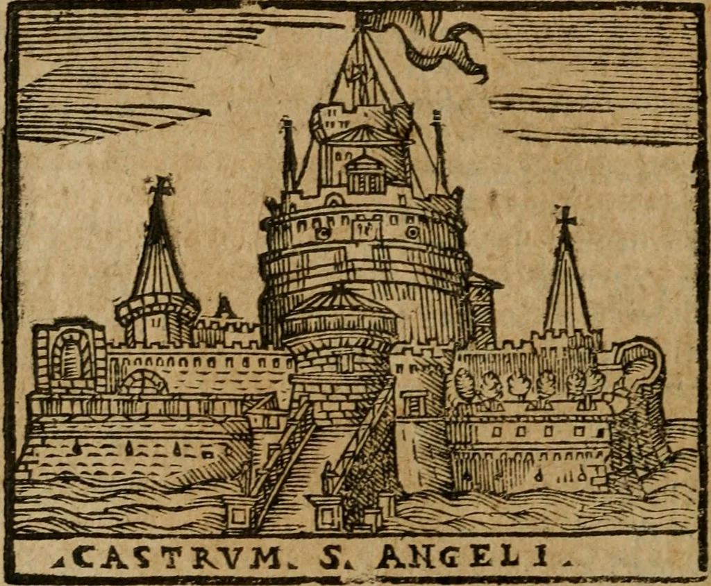 An illustration from Descrittione di Roma antica e moderna : nella quale si contengono chiese, monasterij, hospedali, compagnie, collegij e seminarij, tempij, teatri, anfiteatri, naumachie, cerchi, fori, curie, palazzi, e statue, librerie, musei, pitture, sculture, & i nomi de gli artefici : indice de'sommi pontefici, imperatori e duchi : con due copiosissime tauole, 1643, leaf 461