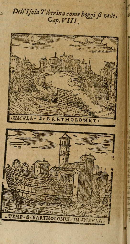 An illustration from Descrittione di Roma antica e moderna : nella quale si contengono chiese, monasterij, hospedali, compagnie, collegij e seminarij, tempij, teatri, anfiteatri, naumachie, cerchi, fori, curie, palazzi, e statue, librerie, musei, pitture, sculture, & i nomi de gli artefici : indice de'sommi pontefici, imperatori e duchi : con due copiosissime tauole, 1643, leaf 465