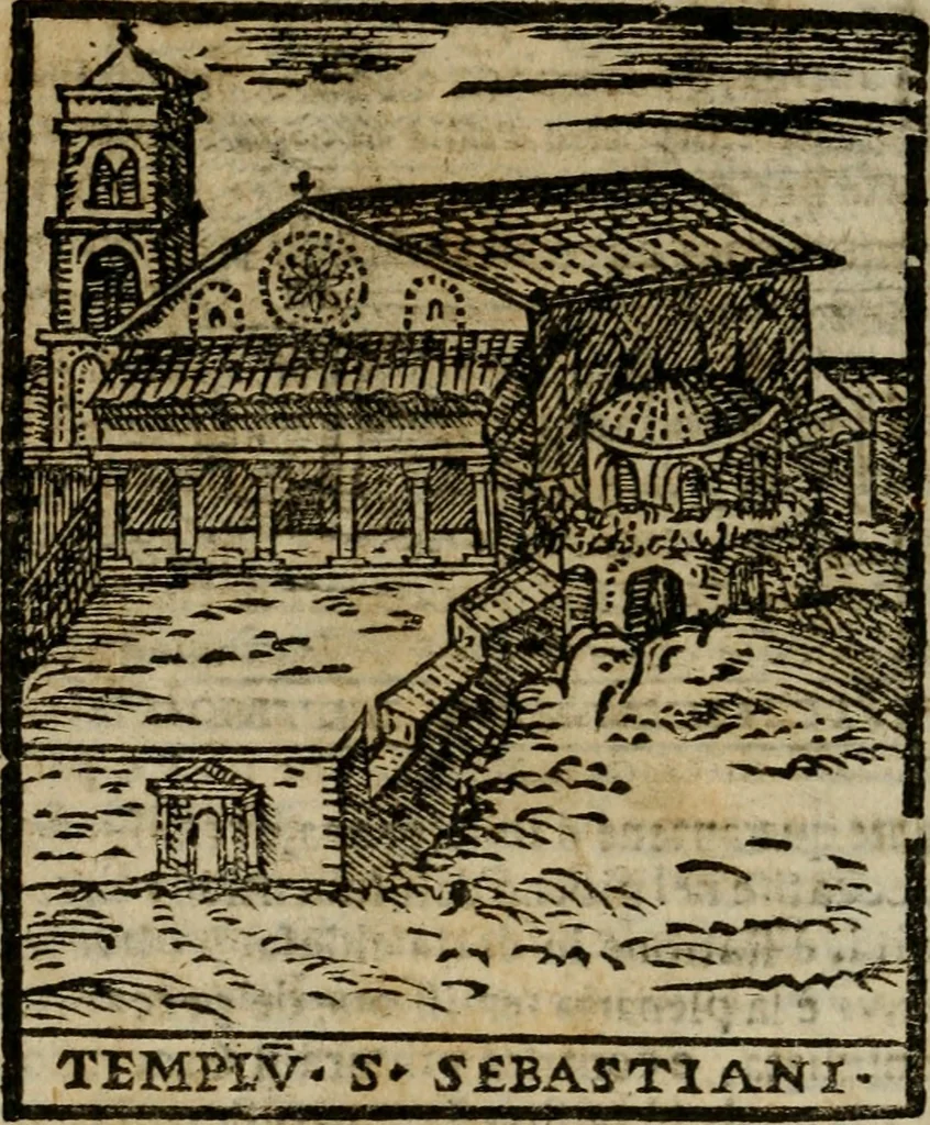 An illustration from Descrittione di Roma antica e moderna : nella quale si contengono chiese, monasterij, hospedali, compagnie, collegij e seminarij, tempij, teatri, anfiteatri, naumachie, cerchi, fori, curie, palazzi, e statue, librerie, musei, pitture, sculture, & i nomi de gli artefici : indice de'sommi pontefici, imperatori e duchi : con due copiosissime tauole, 1643, leaf 47