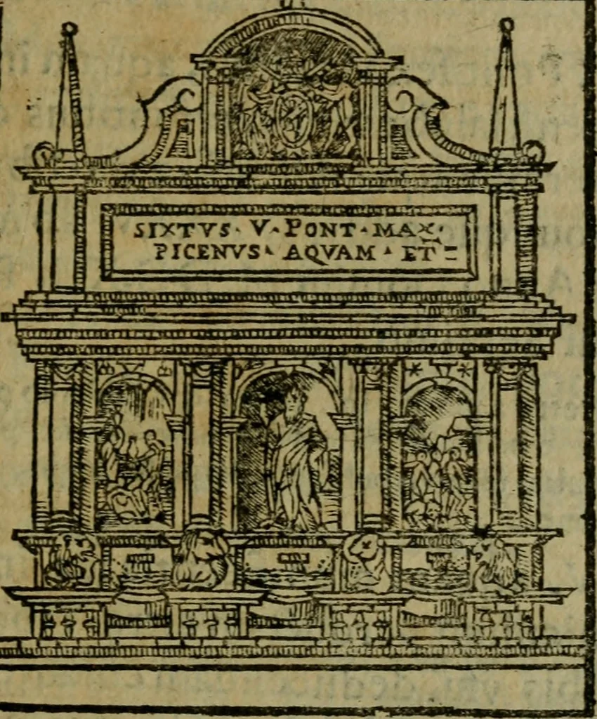 An illustration from Descrittione di Roma antica e moderna : nella quale si contengono chiese, monasterij, hospedali, compagnie, collegij e seminarij, tempij, teatri, anfiteatri, naumachie, cerchi, fori, curie, palazzi, e statue, librerie, musei, pitture, sculture, & i nomi de gli artefici : indice de'sommi pontefici, imperatori e duchi : con due copiosissime tauole, 1643, leaf 474