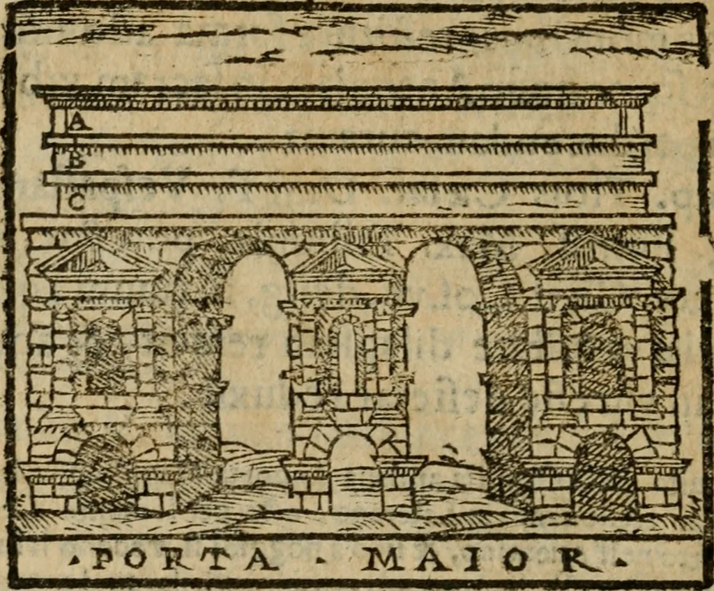 An illustration from Descrittione di Roma antica e moderna : nella quale si contengono chiese, monasterij, hospedali, compagnie, collegij e seminarij, tempij, teatri, anfiteatri, naumachie, cerchi, fori, curie, palazzi, e statue, librerie, musei, pitture, sculture, & i nomi de gli artefici : indice de'sommi pontefici, imperatori e duchi : con due copiosissime tauole, 1643, leaf 477