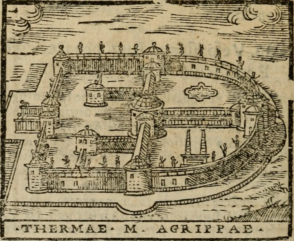 An illustration from Descrittione di Roma antica e moderna : nella quale si contengono chiese, monasterij, hospedali, compagnie, collegij e seminarij, tempij, teatri, anfiteatri, naumachie, cerchi, fori, curie, palazzi, e statue, librerie, musei, pitture, sculture, & i nomi de gli artefici : indice de'sommi pontefici, imperatori e duchi : con due copiosissime tauole, 1643, leaf 481