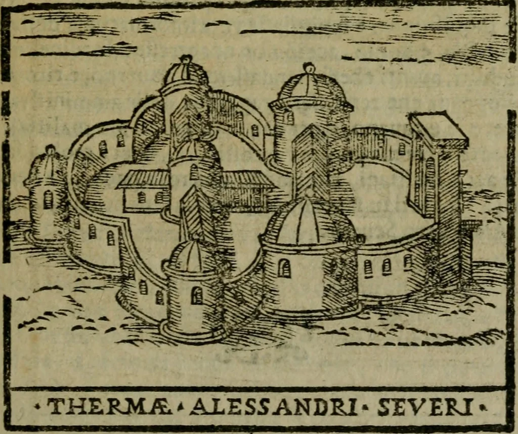 An illustration from Descrittione di Roma antica e moderna : nella quale si contengono chiese, monasterij, hospedali, compagnie, collegij e seminarij, tempij, teatri, anfiteatri, naumachie, cerchi, fori, curie, palazzi, e statue, librerie, musei, pitture, sculture, & i nomi de gli artefici : indice de'sommi pontefici, imperatori e duchi : con due copiosissime tauole, 1643, leaf 482